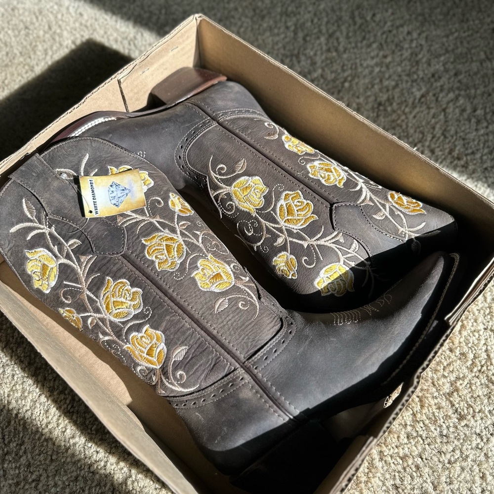 Embroidered Western Boots - Brown and Yellow